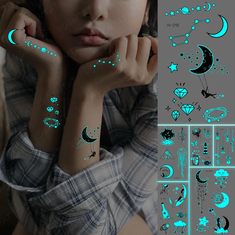 

Blue Luminous Glow Tattoo Sticker Constellation Universe Waterproof Temporary Tatoo Finger Wrist Fake Tatto For Body Art Women