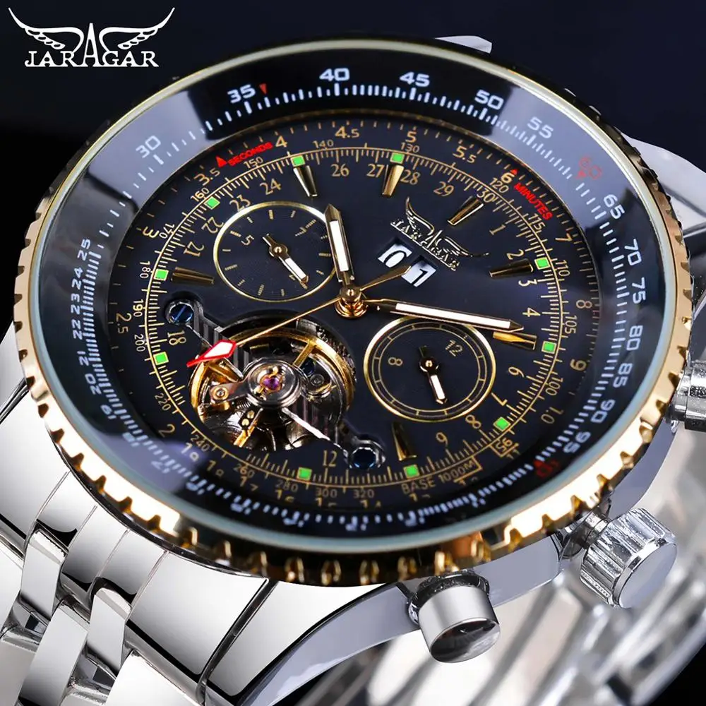 Jaragar мужские часы с золотым циферблатом и циферблатом из нержавеющей стали от ведущего бренда класса люкс, автоматические механические часы