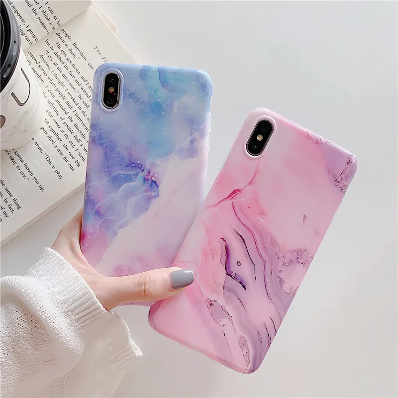 Фиолетовый розовый мраморный чехол для iphone 8 Plus 7 6 S X XS Max XR задняя крышка глянцевый