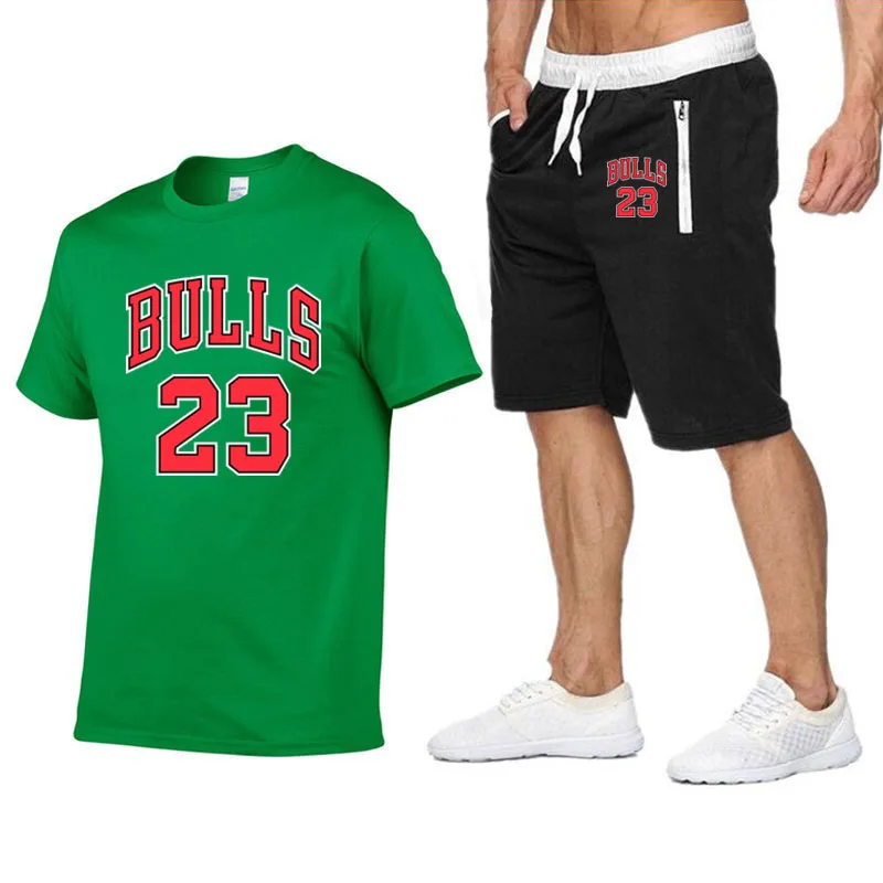 Jordan Новинка bull 23 футболка шорты наборы мужские с буквенным принтом летние костюмы Повседневная мужская футболка брендовая одежда streetwar топы Мужские - Цвет: green-black