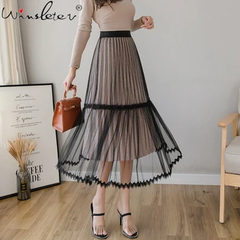 

Elastic High Waist Pleated Tulle A-line Skirts Womens Solid Color Mesh Midi Skirt Summer Elegant Skirt Saia Faldas юбка B04907B