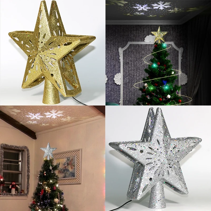 Полые 3D блестки Освещенные звезды Рождественская елка топперы со встроенным вращающимся светодиодный проектор Снежинка огни Рождественское украшение для дома