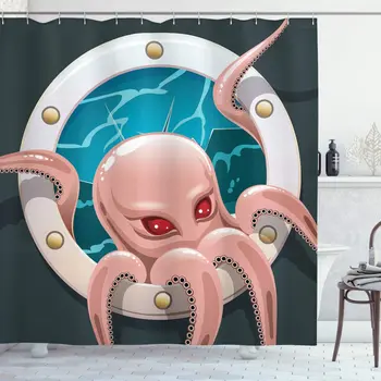 

Octopus Shower Curtain Kraken Octopus with Tentacles in Ship Porthole Cartoon Illustration Retro Art Cloth Fabric Bathroom Decor