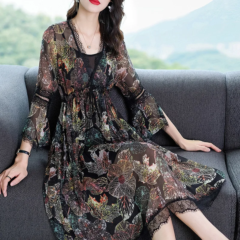 

Mulberry Silk French Vintage Printed Dress Spring And Summer 2019-Women's Slim Fit Elegant Elegant Silk Dress Medium-length