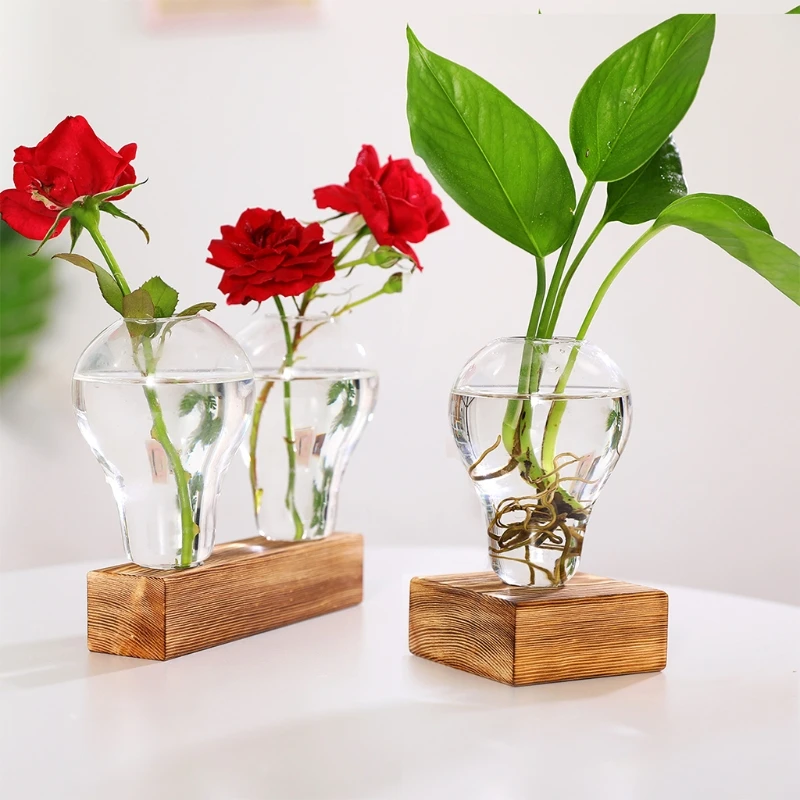 

Glass Planter with Wooden Stand Hydroponics Plants Bulb Desktop Terrarium Flower Vase Home Office Decor
