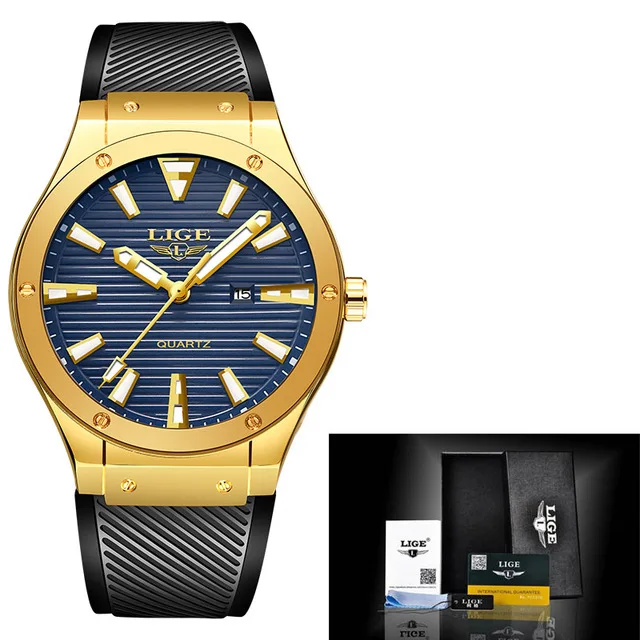 Новинка, LIGE, спортивные мужские часы, Топ бренд, Роскошные Кварцевые часы, мужские часы с датой, модные деловые часы, мужские часы, Relogio Masculino+ коробка - Цвет: Gold blue