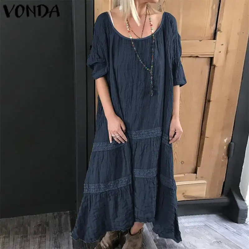 VONDA женское летнее платье, однотонное Хлопковое платье с коротким рукавом и круглым вырезом, свободное платье с оборками, длинное платье, 5XL вечерние платья