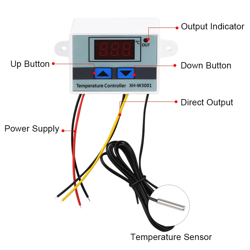 10A 12V 24V 220VAC Digital LED Temperature Controller XH-W3001 For Incubator Cooling Heating Switch Thermostat NTC Sensor