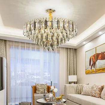 

YOOGEE Luxury Cone Chandelier Prismatic Crystal Shade Living room Lighting Fixtures Gold Hanging Chain LED Chips Home Lamp