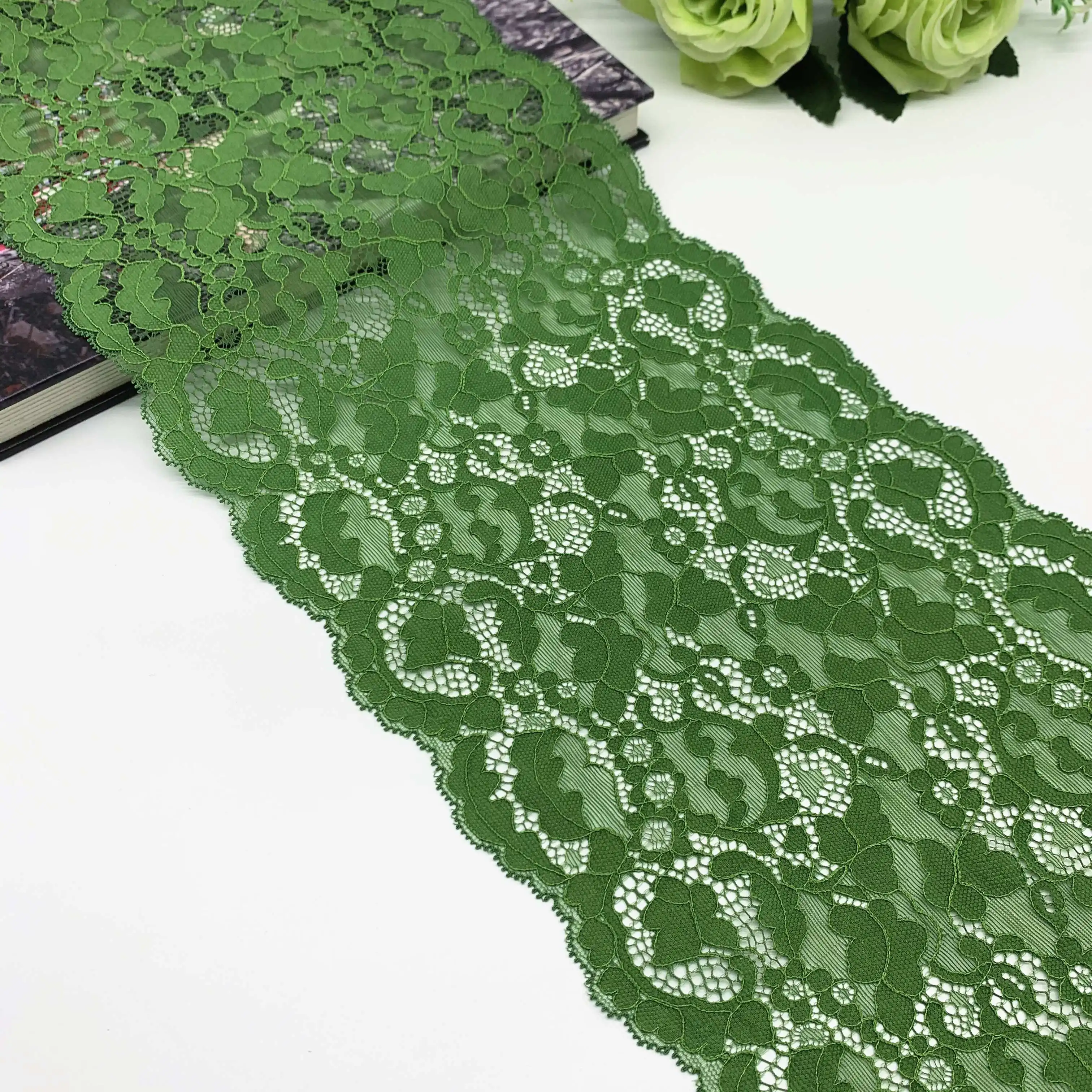3y/Lot Width 19cm Green Black Elastic Stretch Lace Trim 1