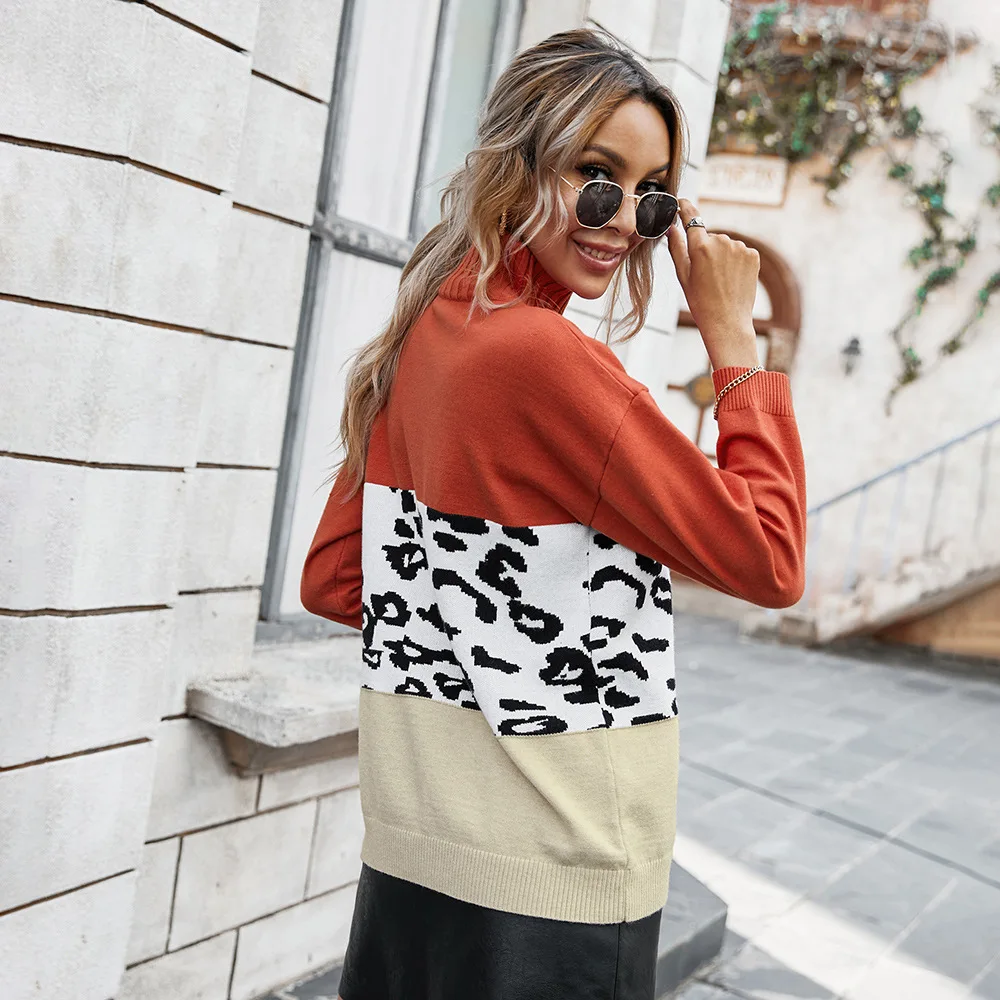 Fashion Leopard Patchwork Autumn Winter 2020 Ladies Knitted Sweater Women Turtleneck Full Sleeve Jumper Pullovers Top