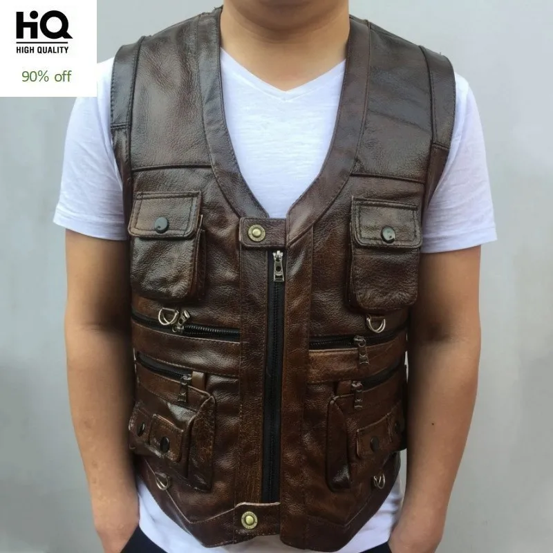 

Cowhide Genuine Leather Vest Men Brown Waistcoat Male Sleeveless Jacket Thick High Quality Motorcycle Vest Multi Pocket Zipper