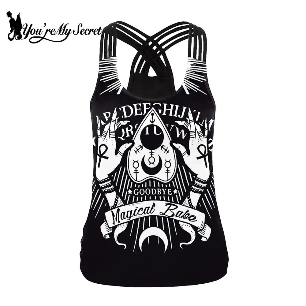 

[You're My Secret] Magic Ouija Board Women Vest Sexy Backless Tops Gothic Witchy Black Tank Top Female Sleeveless Tops Plus Size