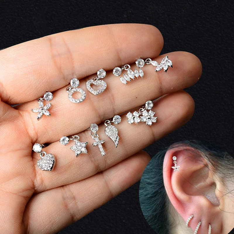 1 шт. пирсинга хрящей Висячие серьги CZ в виде звезды из нержавеющей стали сердце крест крыло Dainty Conch Tragus Helix серьги-гвоздики