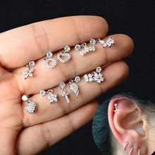 1 шт. пирсинга хрящей Висячие серьги CZ в виде звезды из нержавеющей стали сердце крест крыло Dainty Conch Tragus Helix серьги-гвоздики