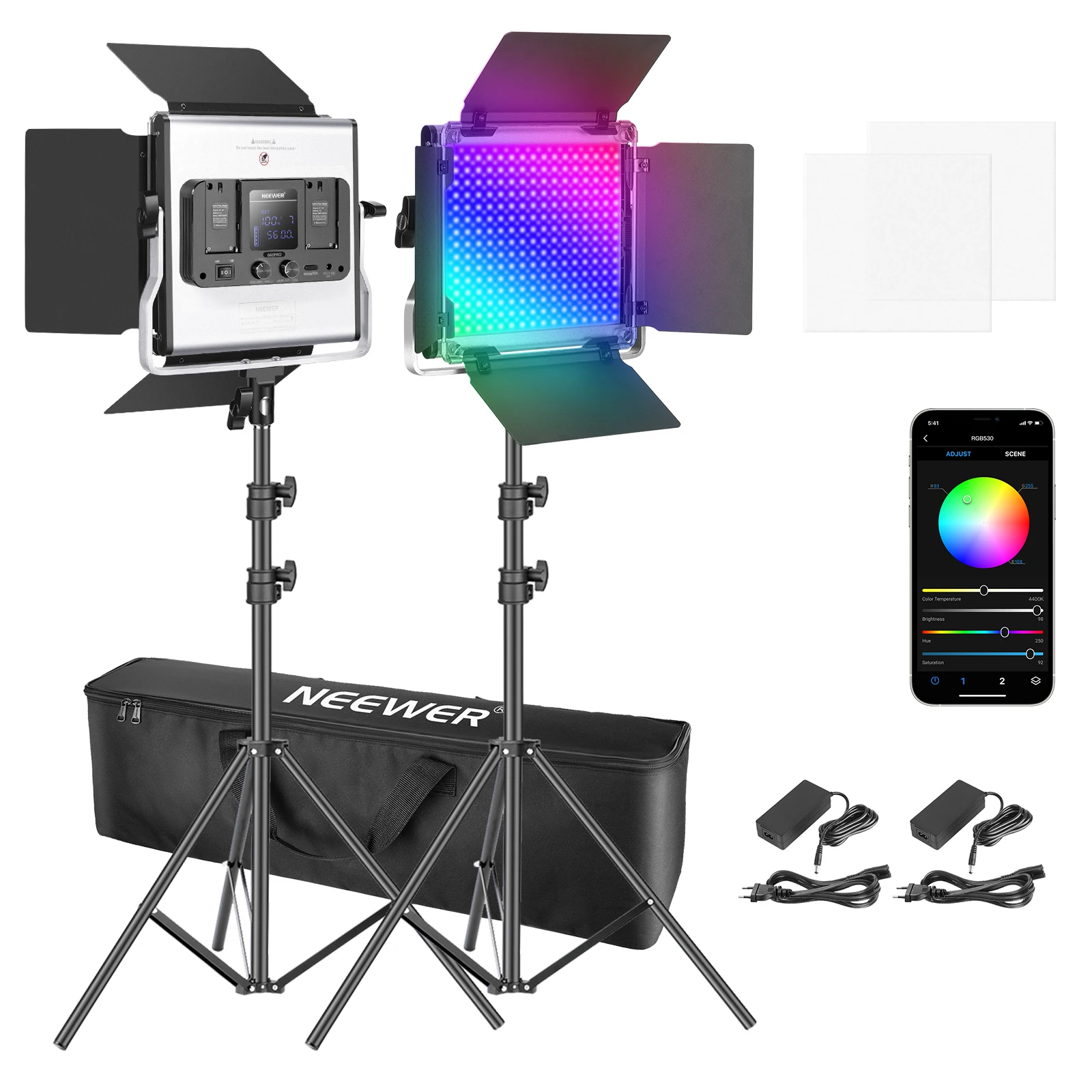 Neewer 2/3 Packs 530 RGB Led Light with APP Control Photography Video Lighting Kit with Stands and Bag 528 SMD LEDs CRI95