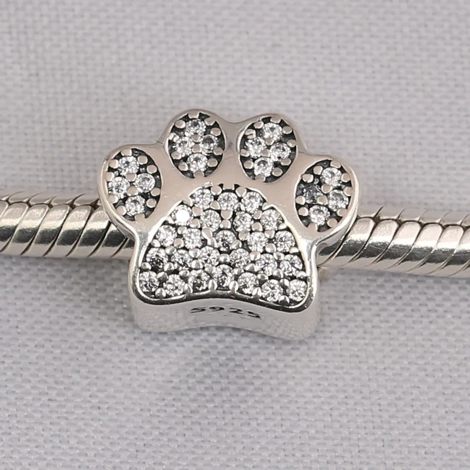 Authentic S925 Sterling Silver Bead DIY Jewelry Paw Prints Charm fit Pandora Bracelet Bangle Lady Gift Pave Clear CZ