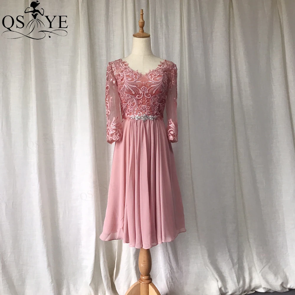QSYYE Pale Mauve Prom Dresses Short Pink Lace Evening Dress Chiffon V Neck Long Sleeves Gown Crystals Belt | Свадьбы и торжества