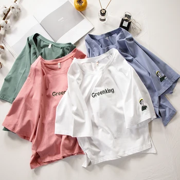 

2020 New Style Loose Short Sleeve T-shirt Women's Embroidered Raglan Sleeve Irregular Short 100% Cotton Coat 7022