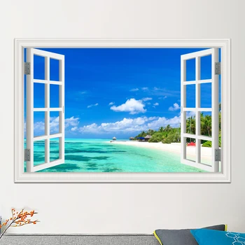 

Nature picture Blue Sea and Sky Summer Landscape Removable Sticker Decal Vinyl Wallpaper 3D Window View Wall Sticker room decor
