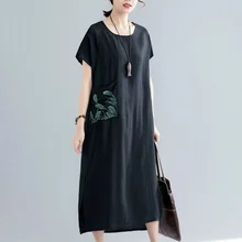Черное винтажное женское длинное платье, китайский стиль, Vestidos, короткий рукав, круглый вырез, Свободные повседневные ретро платья, лето, TA1824