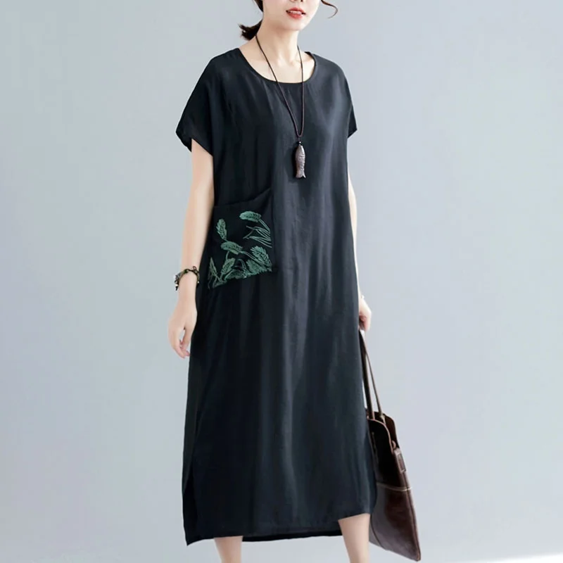 Black Robe Vintage Femme Long Dress Chinese Style Vestidos Short Sleeve O Neck Loose Casual Retro Dresses Summer 2019 TA1824 |
