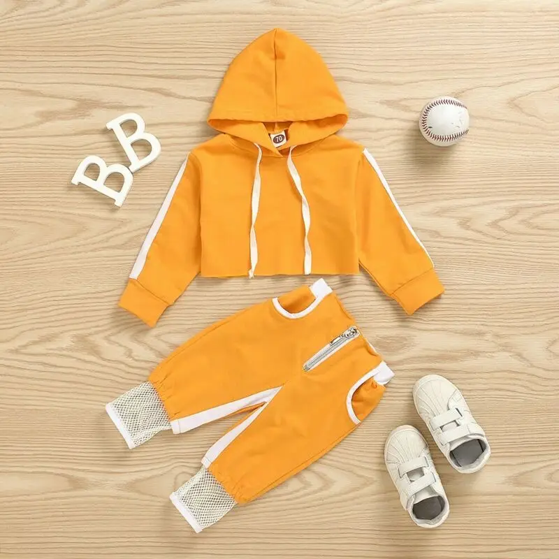 

0-24M Toddler Infant Baby Girls Sport Clothes Sets Solid Long Sleeve Pullover Hood Crop Tops Pants Tracksuit Outfit