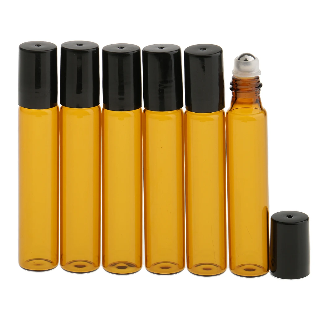 Pack of 6 Lot Steel Ball 10ml Mini Refillable Empty Glass Roll On Bottles for Travel Essential Oils Perfume Cosmetic