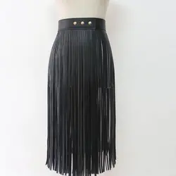 Женская длинная искусственная юбка из искусственной кожи с кисточками, сексуальный пояс с пряжкой, регулируемая крутая бахрома, широкий