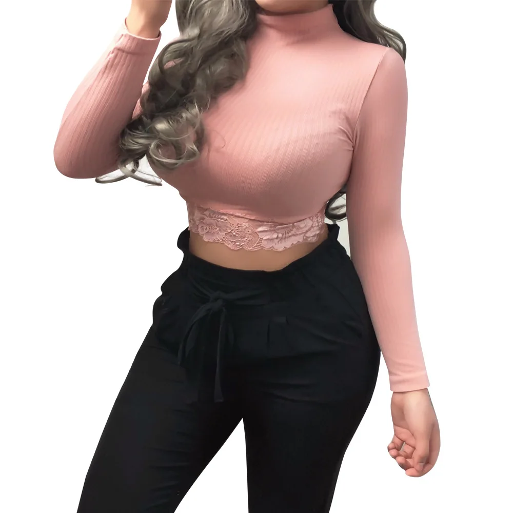 

LOOZYKIT 2019 New Fashion Women Autumn Long Sleeve T-Shirts Solid Lace Stand Collar Short Tops Sexy Streetwear T-shirt
