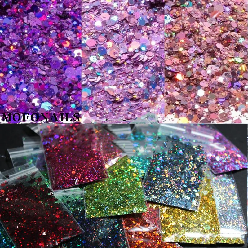 

100g Mixed-Size Holographic Nail Glitter Sequins Flake 23 Color For Option Hexagon Nail Sequins Chunky Ultra-thin Glitter Sequin