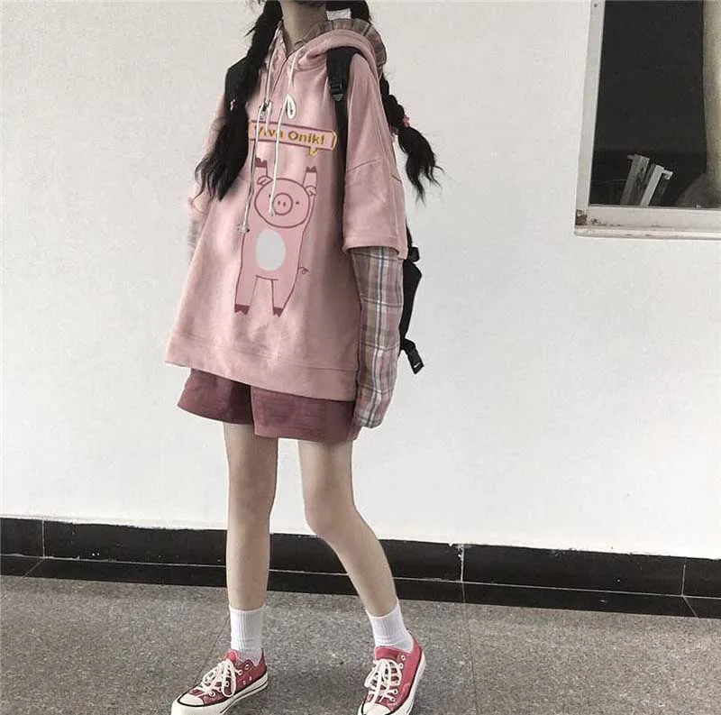 Осенняя Женская толстовка с капюшоном Mori Girl с милым розовым принтом поросенка, с капюшоном, в клетку, в стиле пэчворк, с длинным рукавом, толстовка, Женский Повседневный пуловер
