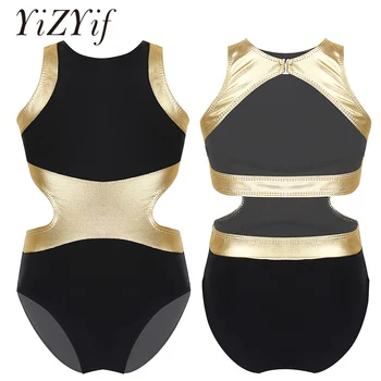 

Girls Gymnastics Leotard Ballet ballerina dress kids Sleeveless Metallic Splice Back & Side Waist Cutouts Ballet Dance Jumpsuit
