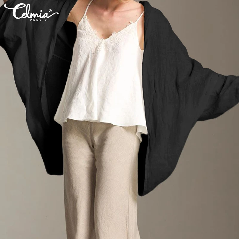

S-5XL Women Solid White Blouse Tops Celmia 2019 Casual Batwing Sleeve Loose Shirts Plus Size Cotton Linen Kimono Cardigan Femme