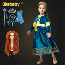 Платье принцессы Мериды, костюм для косплея, зимние зеленые бархатные платья с длинными рукавами, оранжевые длинные кудрявые волосы на Хэллоуин для девочек