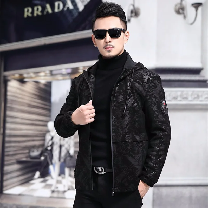 Мужская кожаная куртка с капюшоном из 100% овчины принтом s Chaqueta Cuero Hombre 1802 YY442