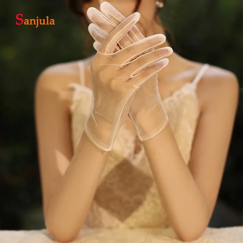

Pure Tulle Short Gloves Full Finger Wrist Length Cheap Wedding Gloves 5Pairs Women Dinner Party Gloves accessori matrimonio G92