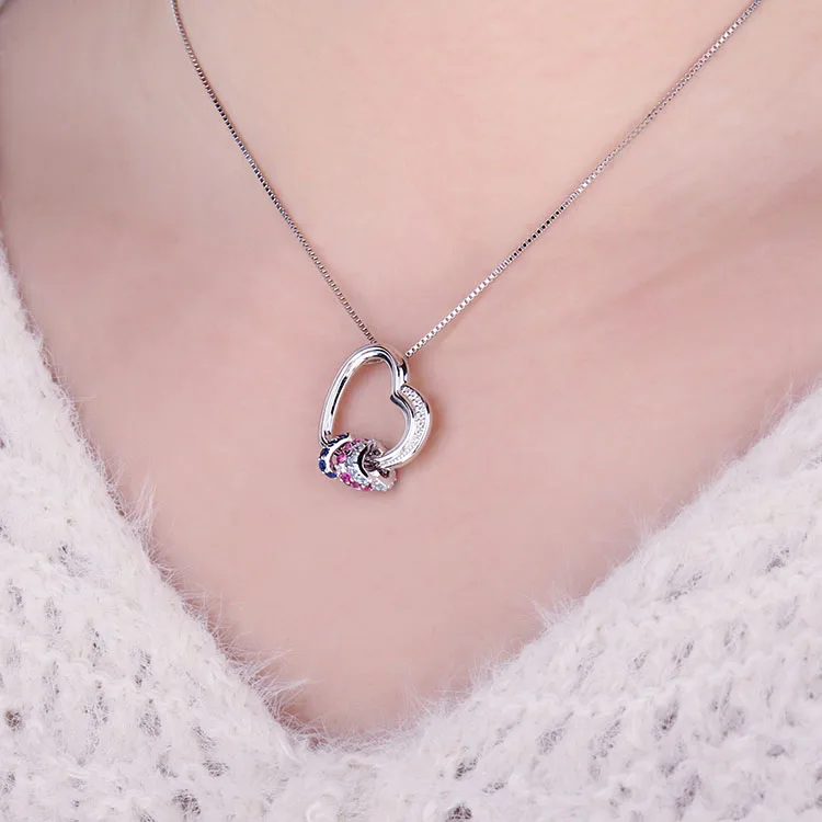 Сердце Создано розовый синий сапфировый кулон ожерелье 925 драгоценные камни из стерлингового серебра колье заявление ожерелье ж