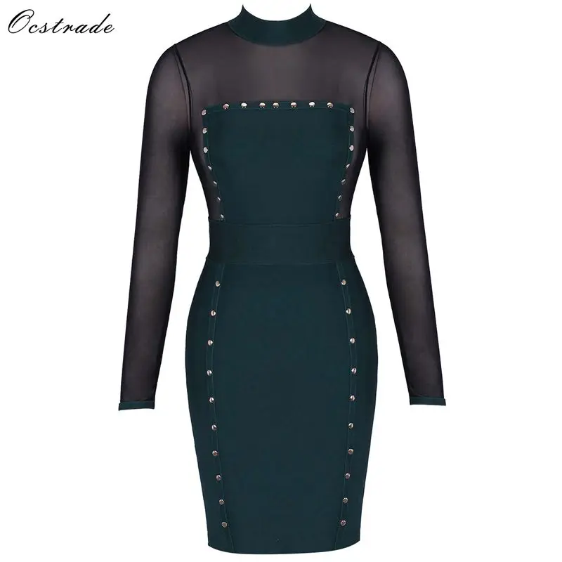 

Green High Neck Long Sleeve Above Knee Mesh Buttoned Transparent Bandage Dress
