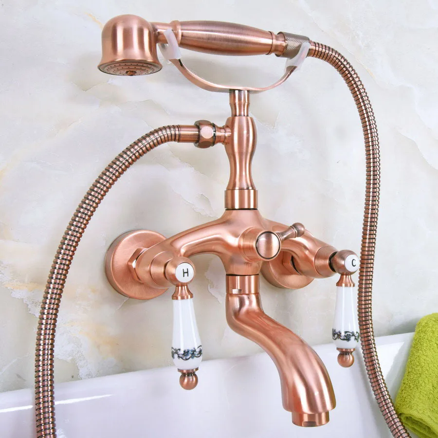 Antique Red Copper Bathtub Faucet Wall Mount Handheld Bath Tub Mixer System with Handshower Telephone Style zna313 | Обустройство