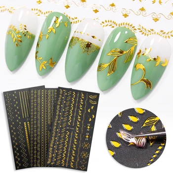 

Gold 3D Nail Stickers Nail Art Decorations Gilded Leaves And Flowers Pattern Transfer Decals Manicuring Design Tips Slider