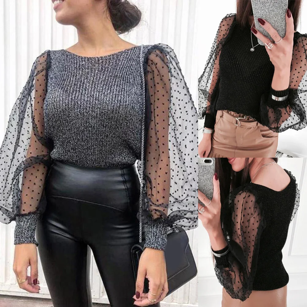 

New Women Mesh Sheer Blouse See-through Lantern Long Sleeve Shirts Fashion Pearl Button Transparent Black Tops Female Blusas N30
