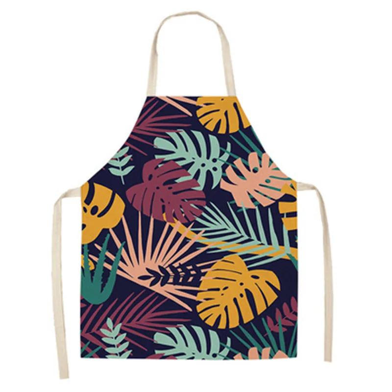 Nordic Style Palm Leaf Linen Kitchen Cooking Apron For Woman Pinafore Coffee Shop Baking Bibs Waterproof Home Cleaning Apron