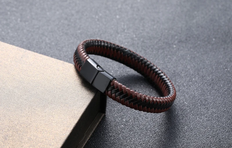 2019New Men Jewelry Punk Black Blue Braided Leather Bracelet for Men Fashion Bangles GiftsStainless Steel Magnetic Clasp