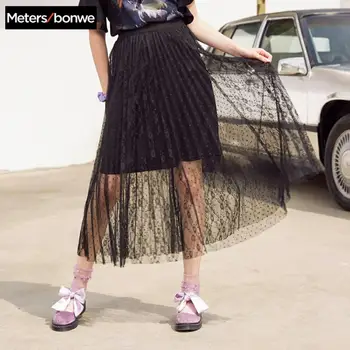 

Metersbonwe Lace Skirt Floral Embroidery A-line Tutu Mesh Skirt Women Elegant Tulle Long Pleated Skirt Women Midi Skirt Summer