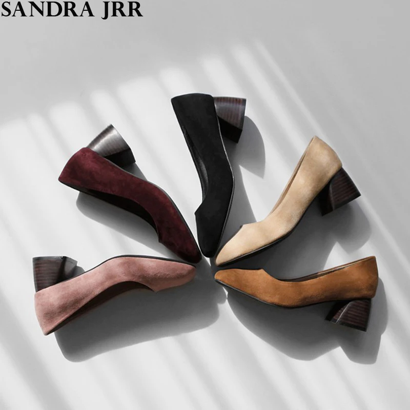

SANDRA JRR Women Heels Shoes 5 CM Square Heel Square Toe Slip On Flock Pumps Female Lady Office OL Work Shoes Slip On For Spring