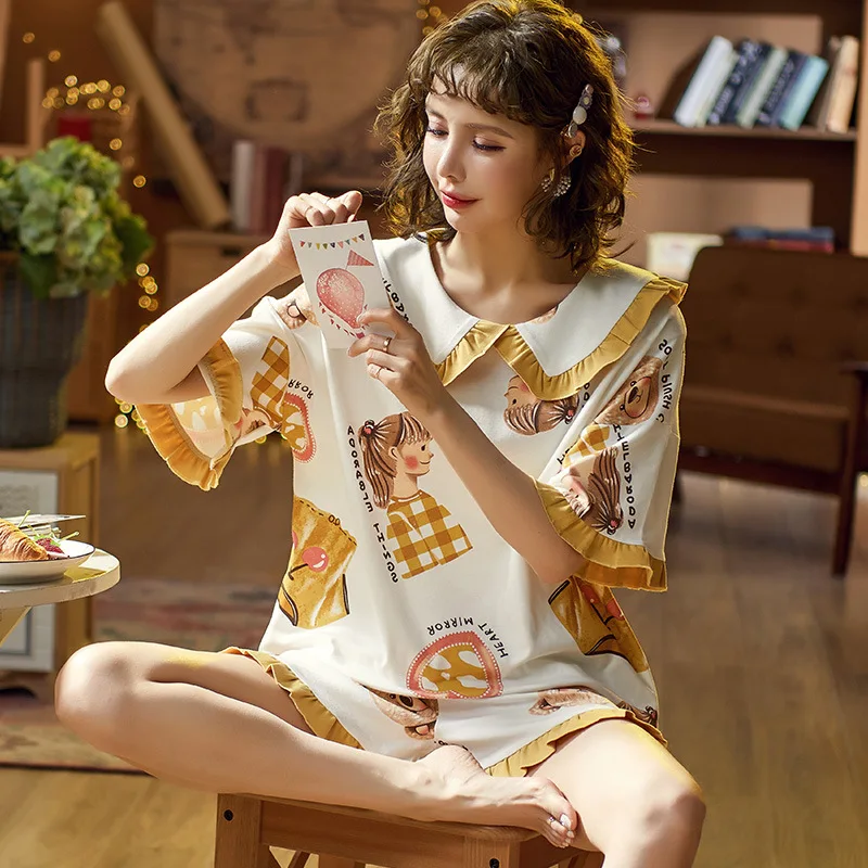 

New Style Pure Cotton Pajamas Women's Summer Large Lapel Women's Short Sleeve Shorts Printed Solid Color Set M -Xxl