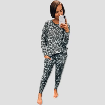 

Women Set Long Sleeve 2Pcs Tops+ Long Pants Round Neck Top Drawstring Pants Leopard Print Romper Casual Ladies Outfits