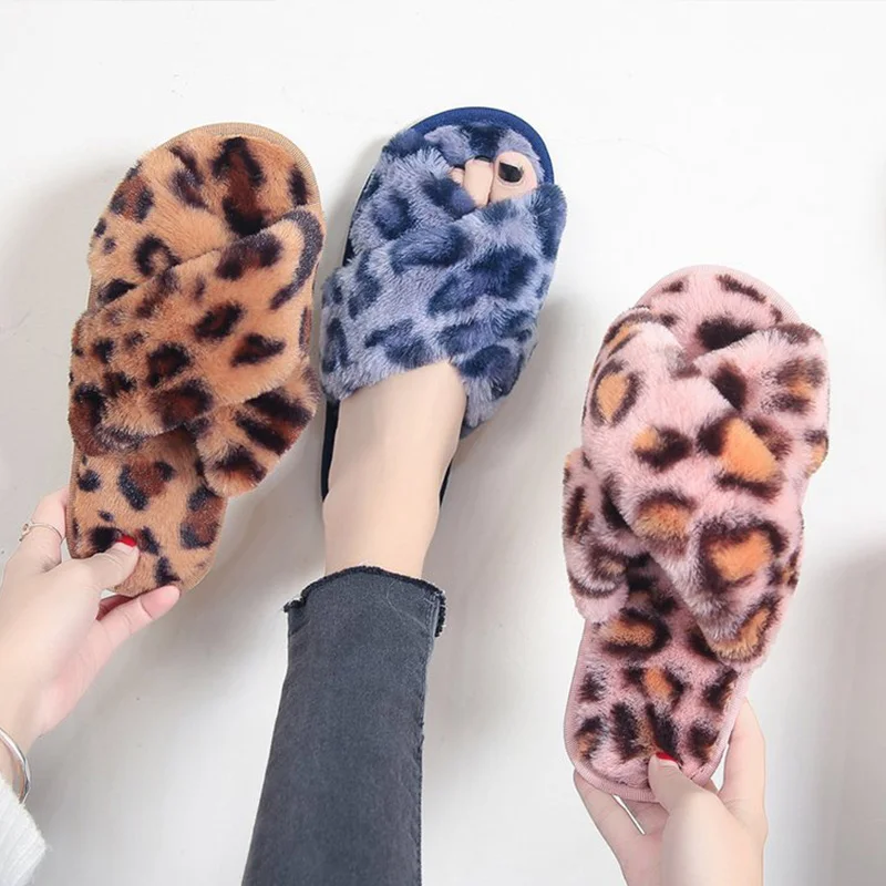 

Winter Plush Indoor Slippers Woman Shoes Leopard Open Toe Female Slip On Warm Home Flat Shoes Casual Ladies Footwear