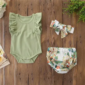 

Newborn Infant Baby Girls Clothes Ruffle Sleeve Romper Floral Shorts Headband 3PCS Outfit Sets Hot